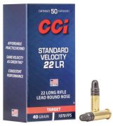 Munição CCI Cal. .22 LR Standart Velocity 40GR LRN CX 50