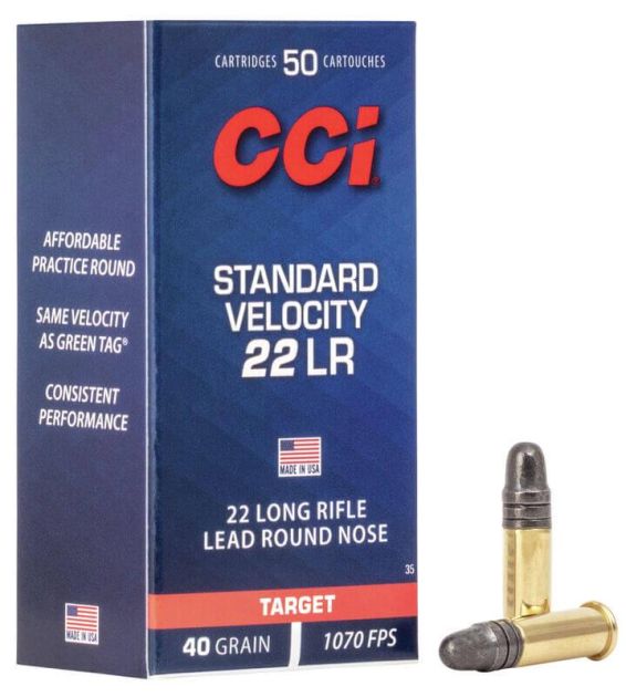 Munição CCI Cal. .22 LR Standart Velocity 40GR LRN CX 50